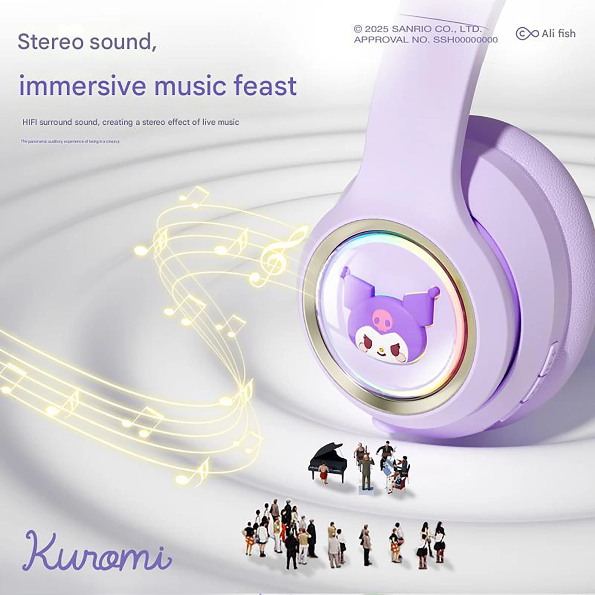 Sanrio EM-699 Kuromi My melody Wireless headphones Over-ear Esports Gaming Sport Hi-Fi with microphone