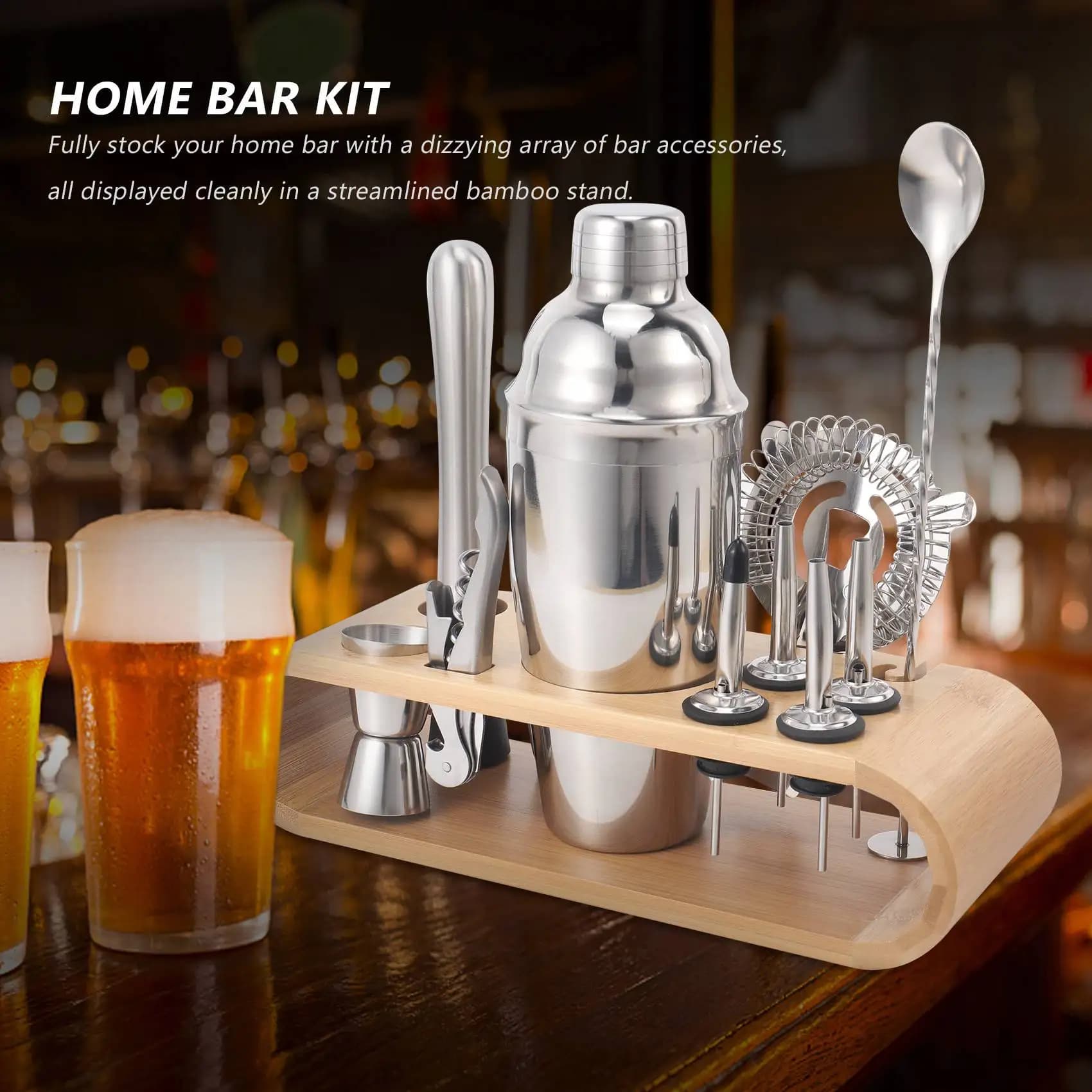 A01F-Bender Kit, set di shaker per cocktail da 12 pezzi, kit di attrezzi per bar domestico con supporto, strumenti per cocktail, regali per bar in acciaio inossidabile