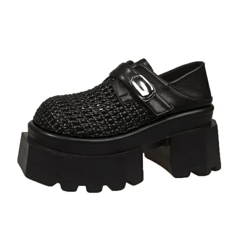8.5CM Nuovo Cuoio Sintetico con tacco alto Sandali con zeppa con plateau Donna Estate Tessitura Traspirante Tacchi alti Chunky Sneakers Donna