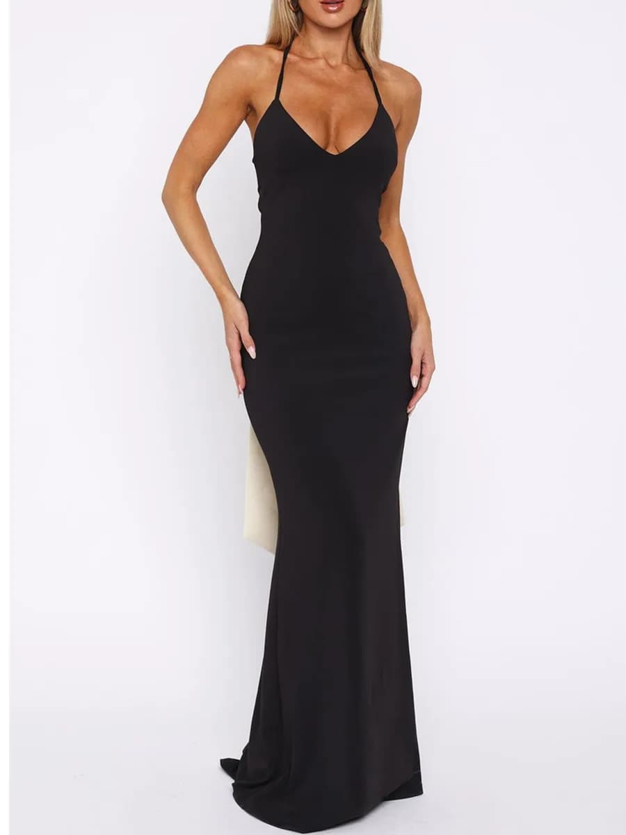Abito da donna elegante con spalle scoperte, vestito lungo con scollo all'americana, decorato con fiocco, senza maniche, per feste e serate.