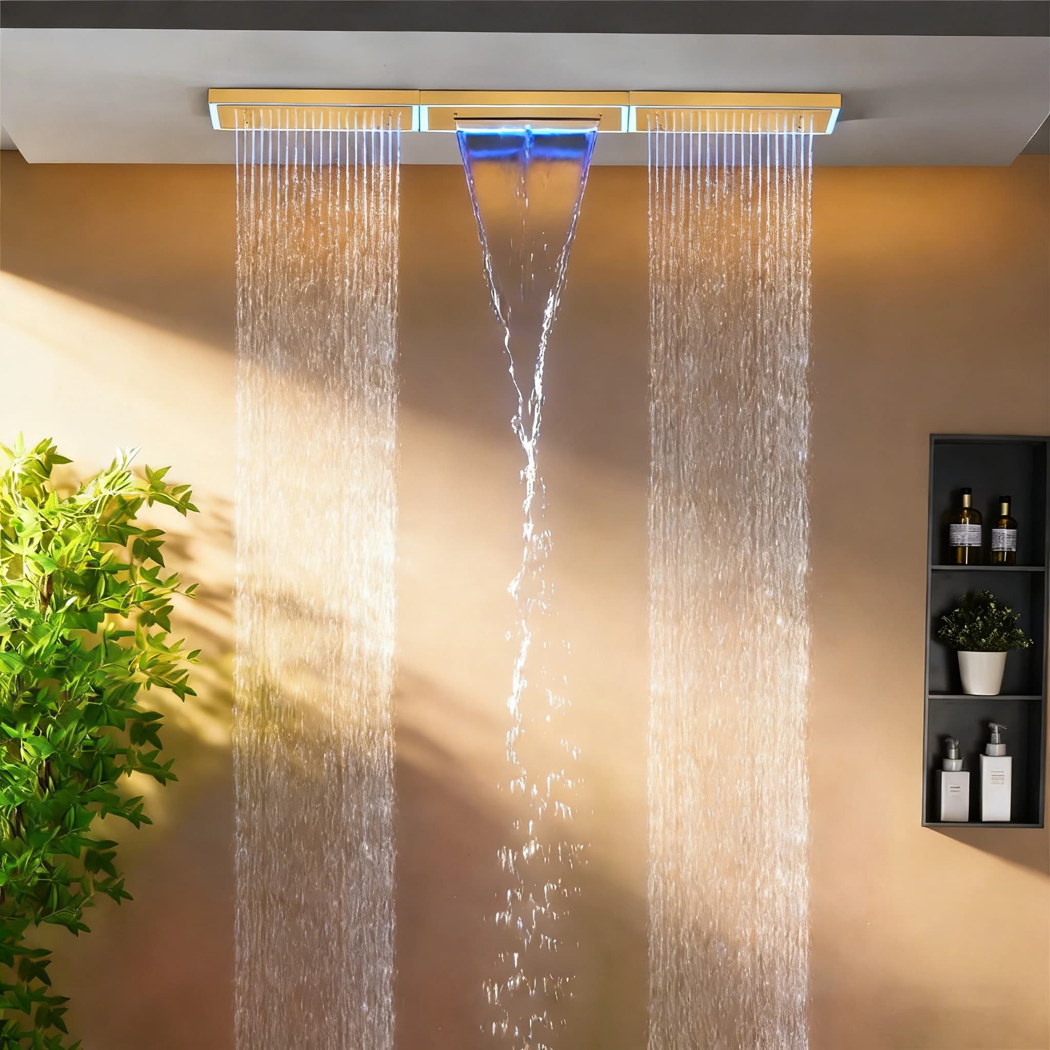 Pannello Doccia Qlonn di Lusso 1200×200mm con Illuminazione LED, Massaggio, Cascata e Pioggia, Soffione Doccia a Incasso in Acciaio Inox