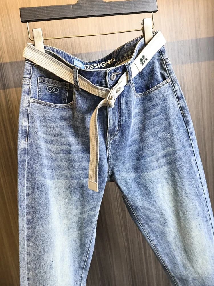 Retro Washed Blue Men's Vintage Elastic Skin-friendly Straight Leg Jeans Fashionable Urban Casual Cotton Polyester Blend