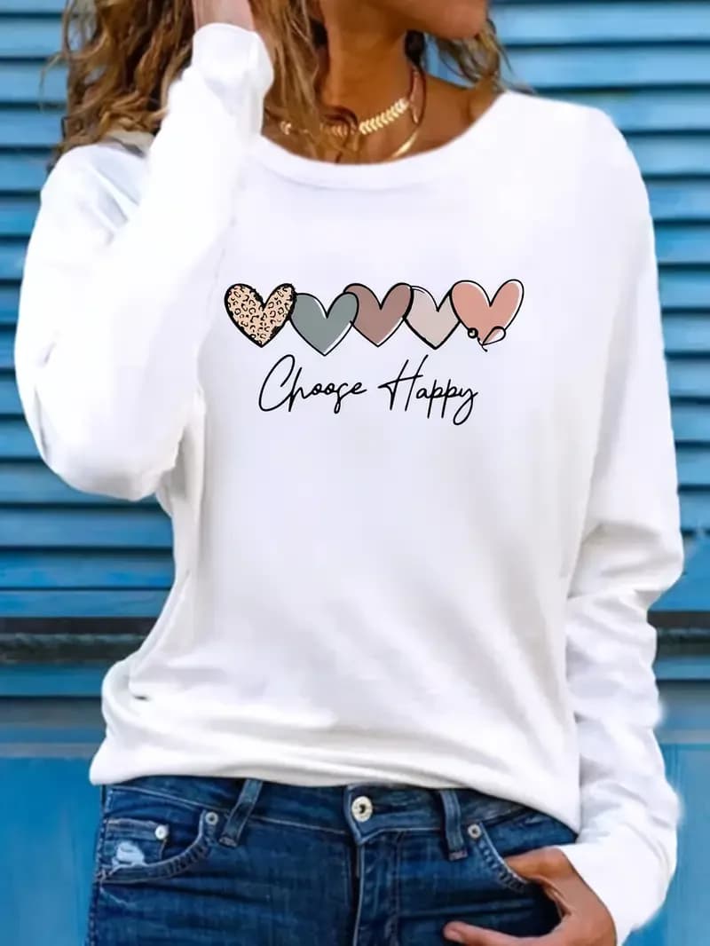 Camicia stampata a cuore Maglietta gotica divertente Maglietta a maniche lunghe con stampa casual da donna Maglietta girocollo