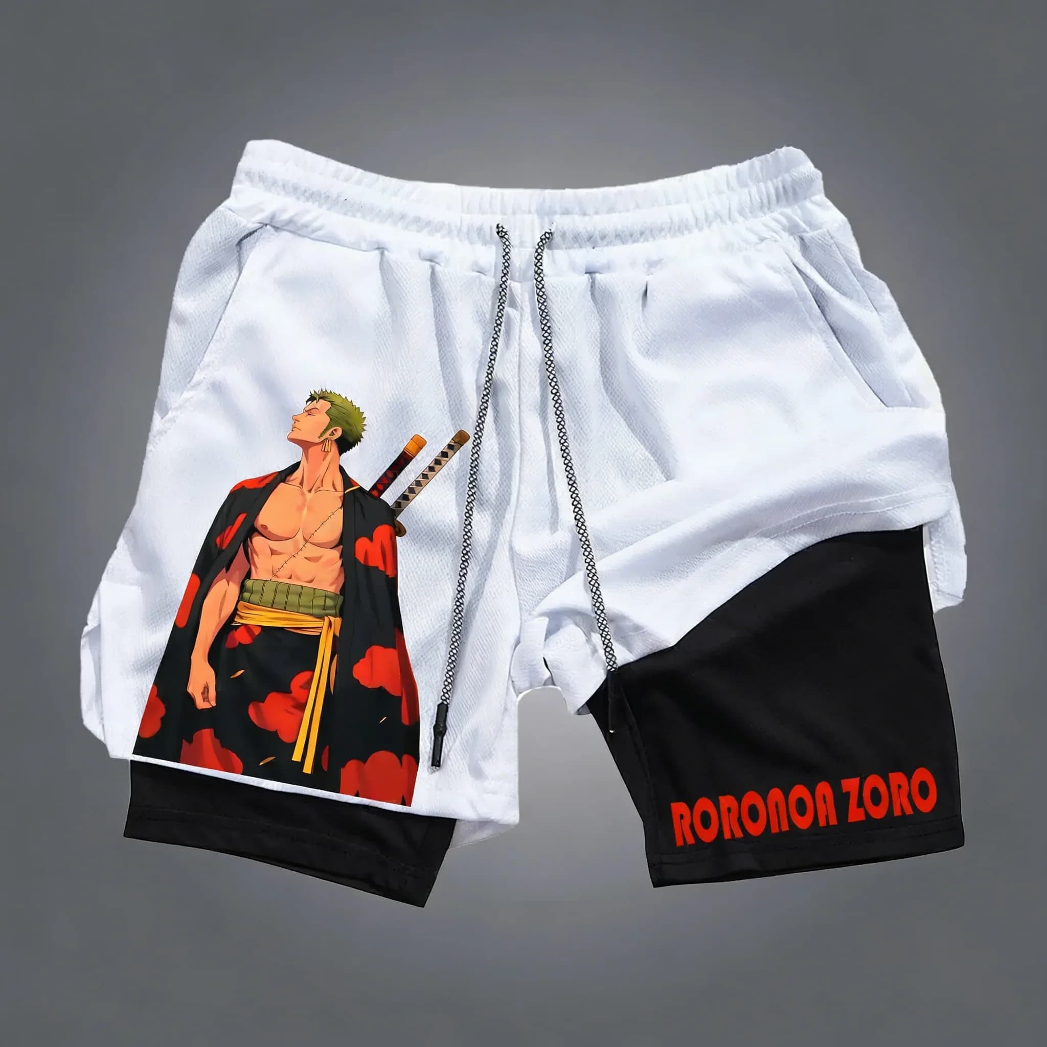 ONE PIECE Anime Roronoa Zoro shorts for men, new double-layer summer shorts 2 in 1, breathable and quick drying, for swimming and fitness
