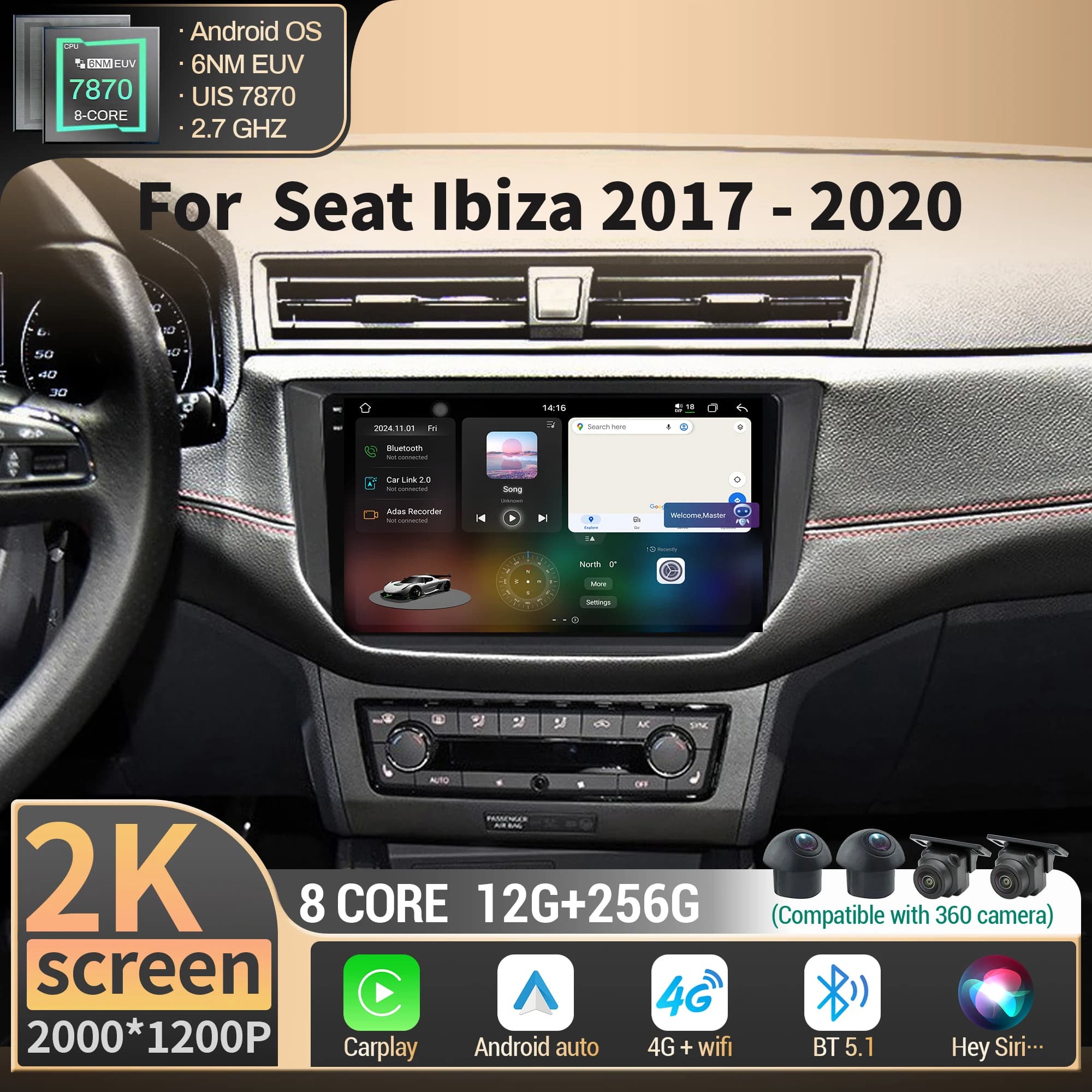 Navigazione Per Seat Ibiza 2017 2018 2019 2020 Autoradio Multimediale Wireless BT Carplay 4G GPS CPU 7870 2K QLED Schermo Stereo
