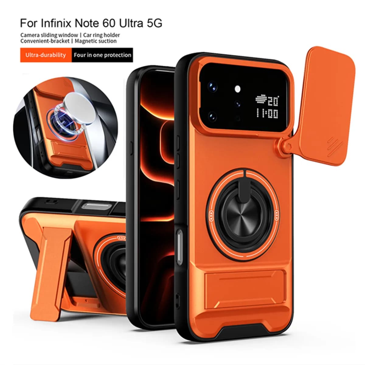 Custodia con anello di supporto per INFINIX Note 60 Ultra, con ricarica wireless magnetica e copriobiettivo quadrato rotante