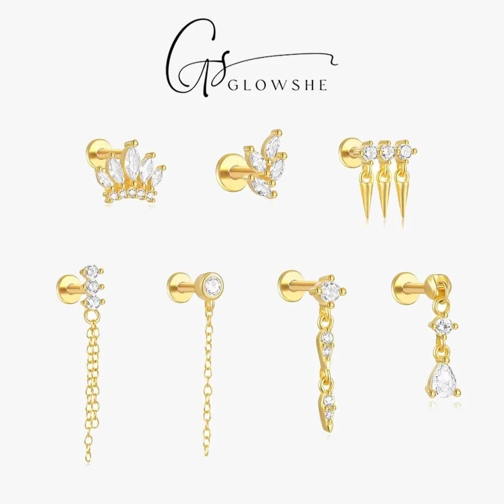 Orecchini a perno Glowshe 100% Argento Sterling 925 con Zirconi per Piercing alla Cartilagine, Orecchini a Catena Hip Hop da Festa, Gioielli Raffinati da Donna