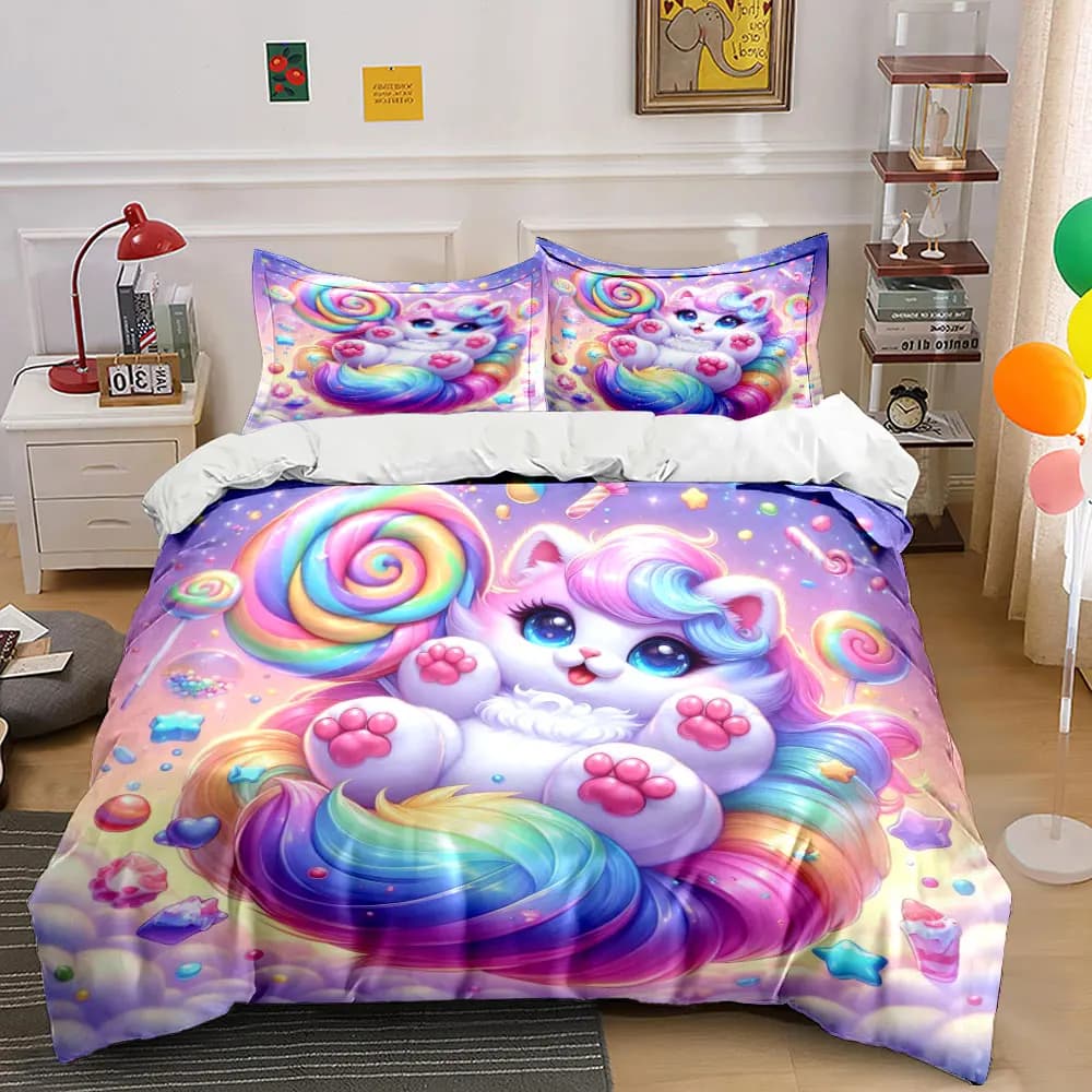 Rainbow cat with sweet candy Printed Duvet Cover Set1 Duvet Cover+2 PillowcaseMulti Size Bedroom Bedding Decor Luxury gifts
