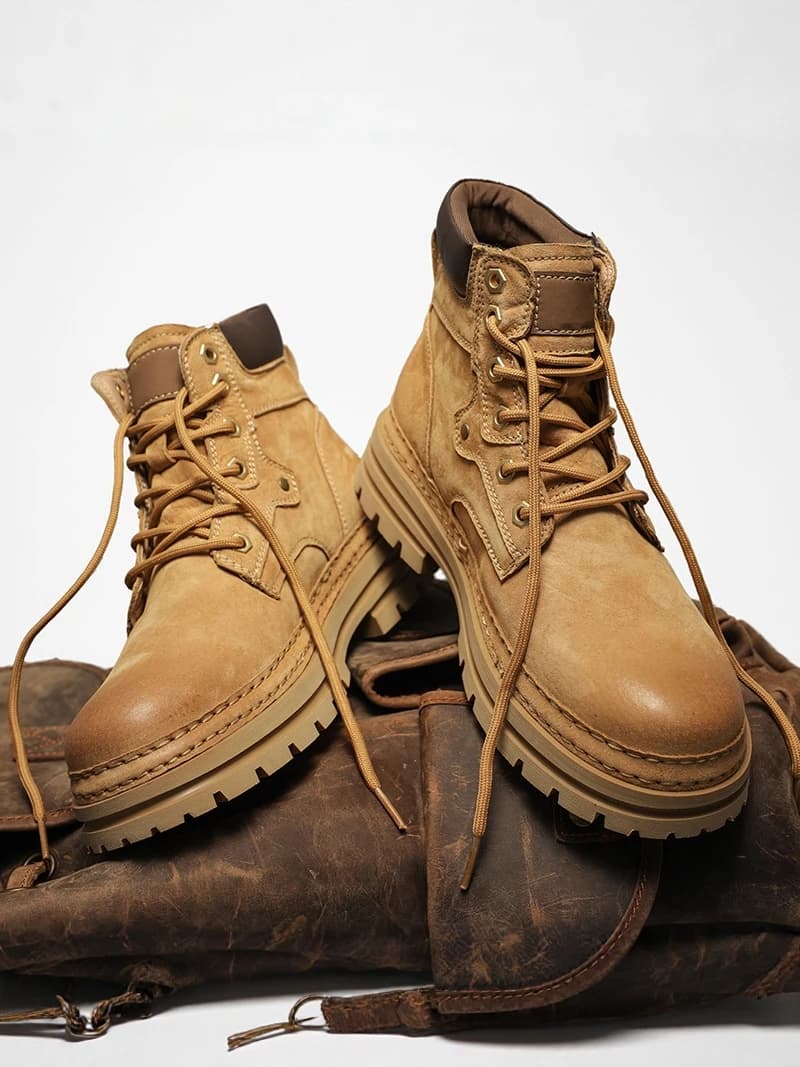 Men's Boots Winter Casual Retro Thick Bottomed Fleece Lined Anti-slip Sports Leather Boots British Style round Toe