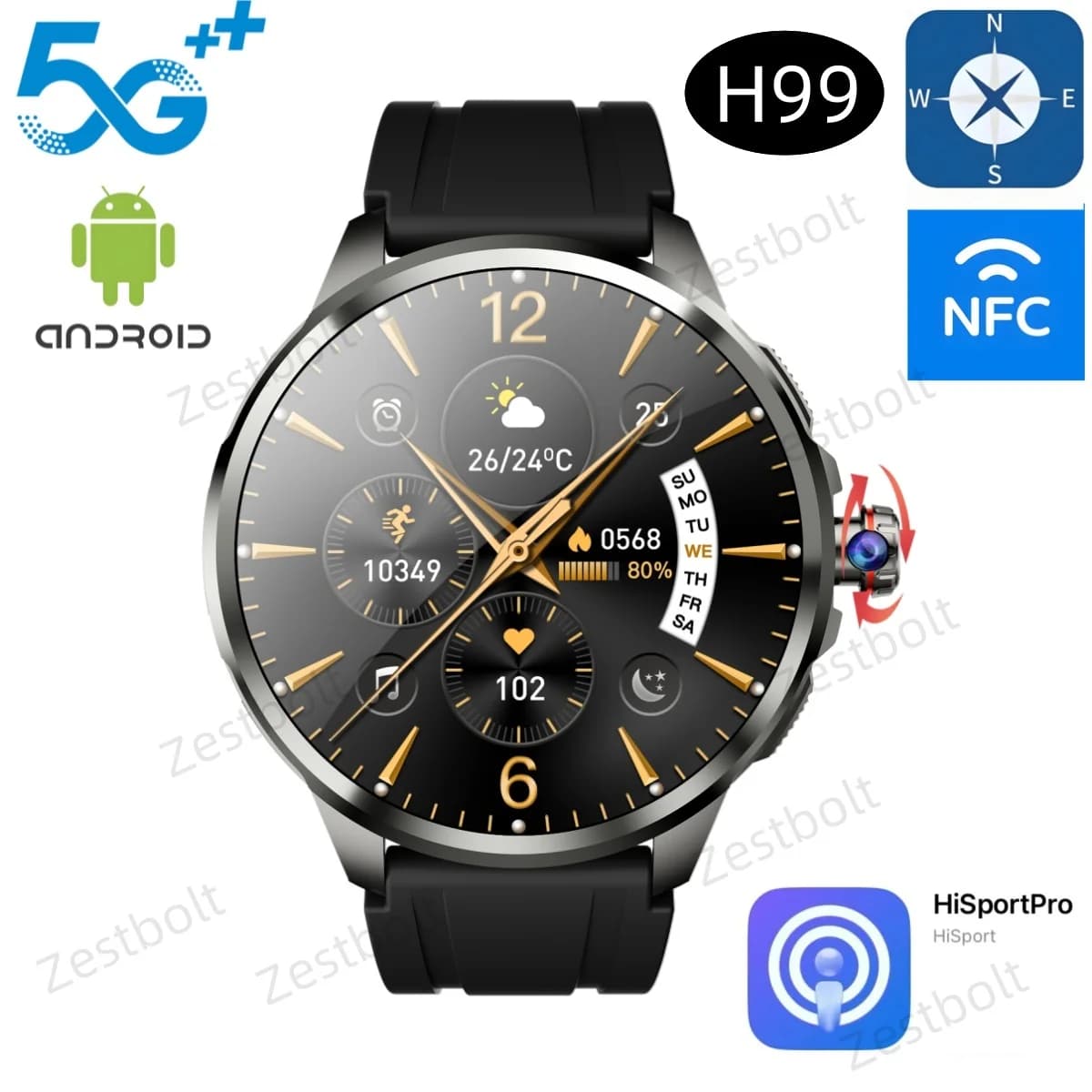 Smart Watch H99 Original Android Smartwatch Men's Smart Watch With 1,95 Inch Amoled Screen With 190 ° Slots for GPS SIM Card WIFI for Rotative Camera