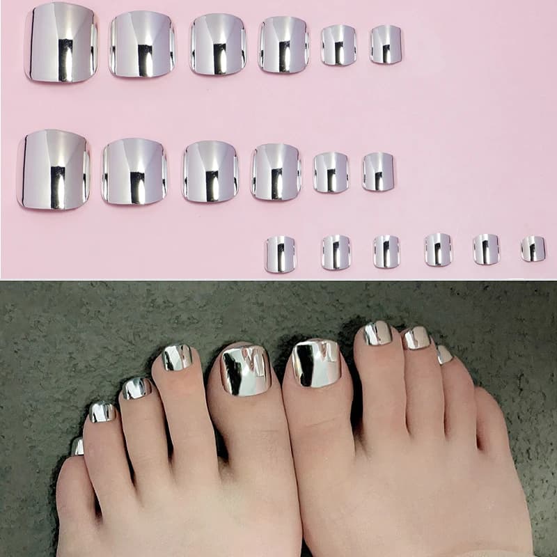 24 pezzi di stampa a specchio metallizzato oro argento lucido su unghie dei piedi cromate unghie finte quadrate corte per donne e ragazze
