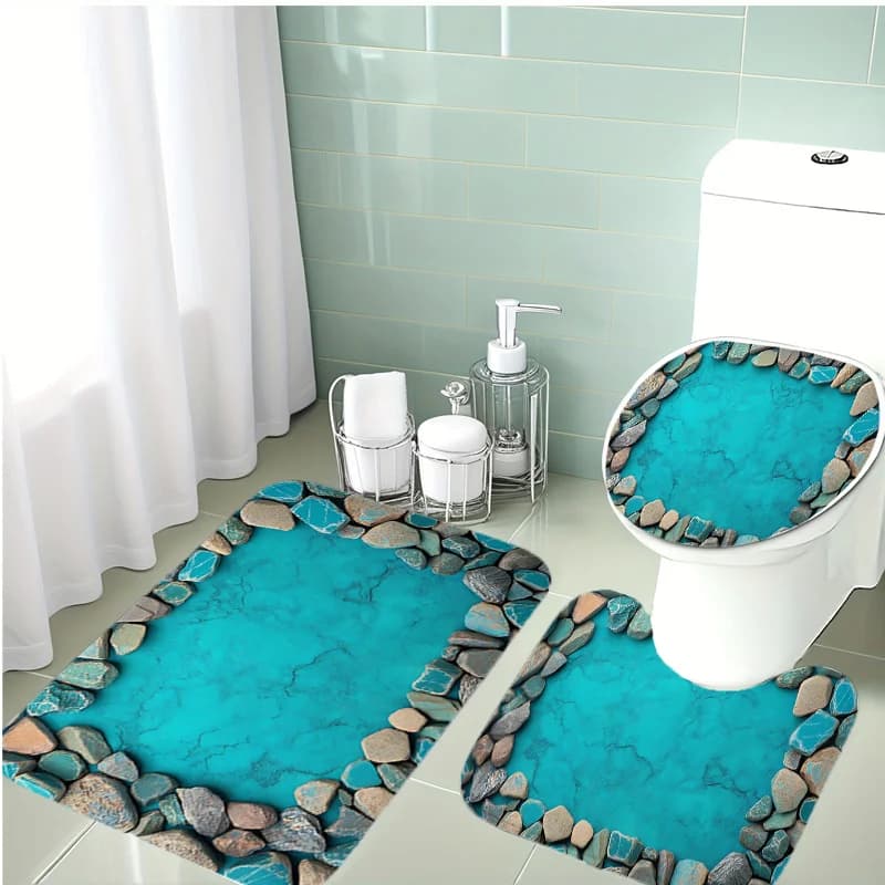 Set da Bagno in Pietra Naturale 3 Pezzi – Design Acqua e Roccia Turchese, Copriwater in Morbido Flanella, Tappetino a U e Tappeto da Pavimento, Decorazione Antiscivolo