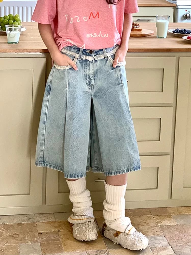 Retro American Design Multi-Fold Denim Skirt Pants Women Summer Spicy Lace Trim Splicing Wide Leg Seven-Foot Pants