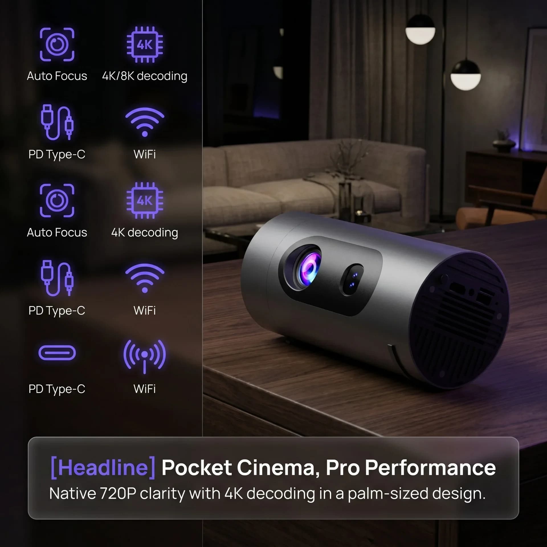 Q8 Portable Projector Android 14 Smart Mini Cinema Projector WiFi 6 4K HD Video Auto Focus Power Bank Charging For Home