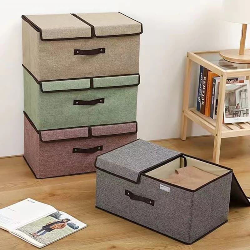 Foldable cotton fabric box, large double cover with lid, underwear organizer, various items, bedroom case