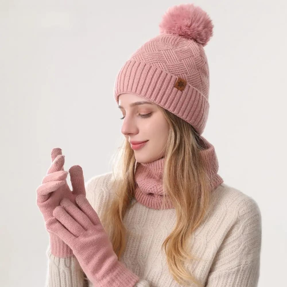 3pcs Neck Warmer Solid Color Hat Scarf Gloves Set Wool Warm Thermal Knit Cap Simple Thicken Winter Beanie Hat Cold Weather