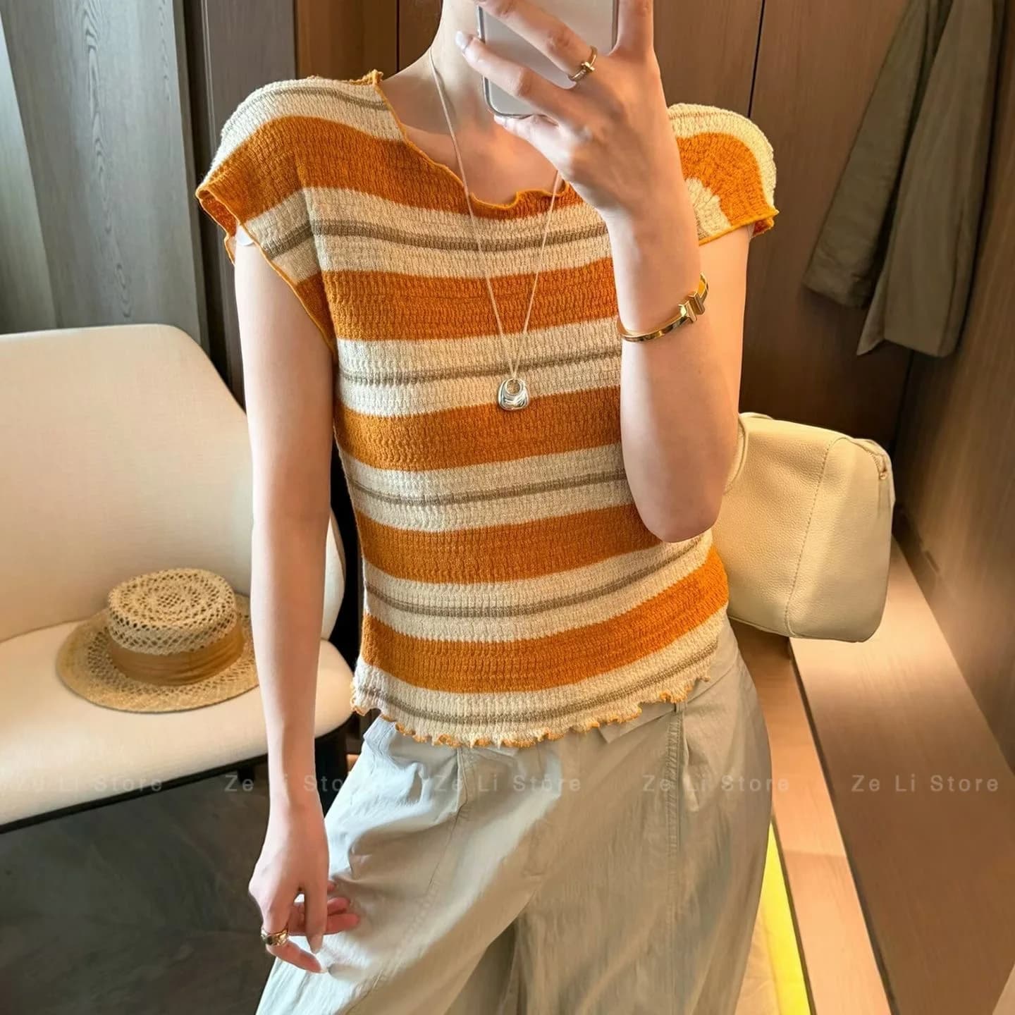 Casual Style Ice Silk Knitted Short Sleeve T-Shirt Women Summer Thin Fly Sleeve Top Fashionable Color Block Stripe Wooden