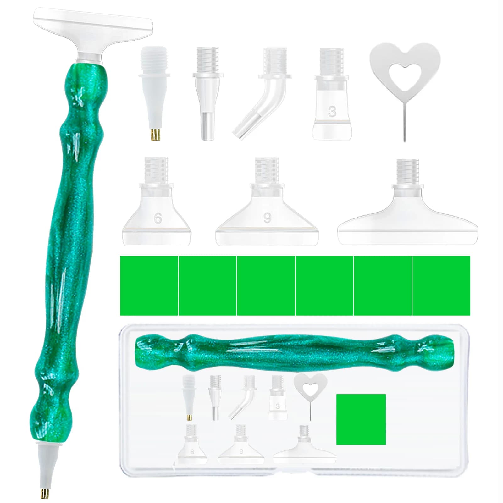 Diamond Paintbrush Set (Green), Comfortable Ergonomic Grip - 7 Nibs, Resin Diamond Art Tools, Suitable for DIY Crafts