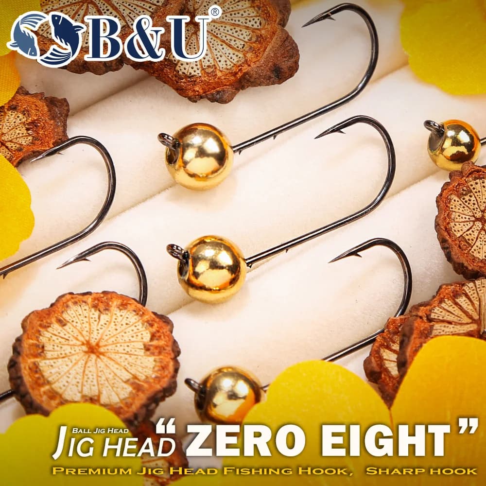 B&U Gold Plated Ball Jig Heads, Sharp High Carbon Steel Fishing Hooks with Lead Weight, for Soft Bait