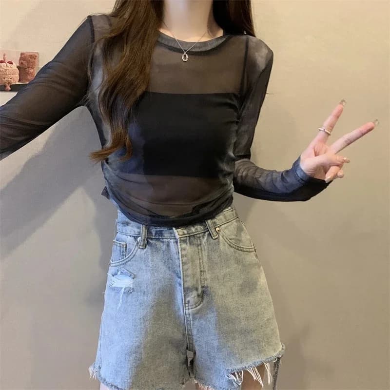 Tie-Dye Mesh T-Shirt Women's Summer Thin Long Sleeve Sun Protection Slim Short Style Casual round Neck Polyester Blend Top