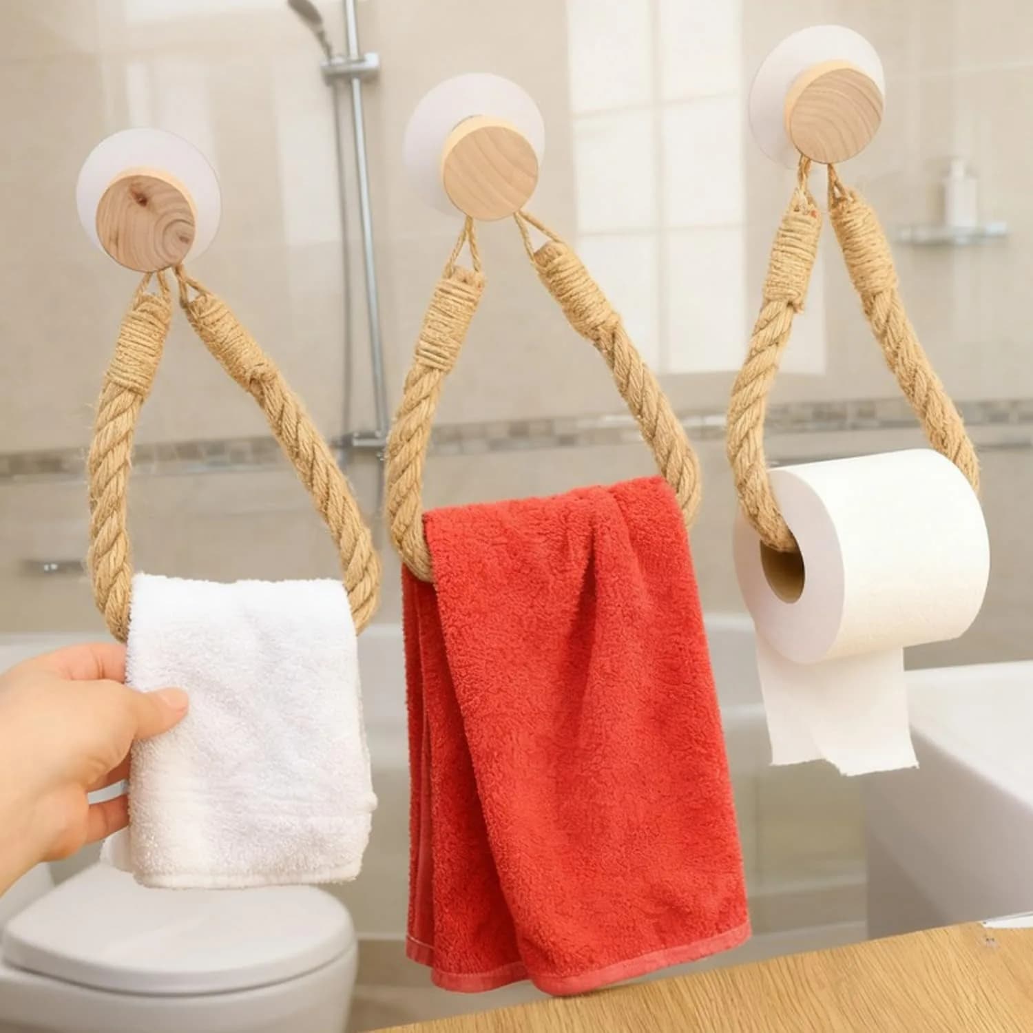 Rope Toilet Paper Holder Wall Mount, Hanging Roll Paper Rack with Jute Rope, No-Drill Bathroom Tissue Holder for Washroom and Dining Room Storage