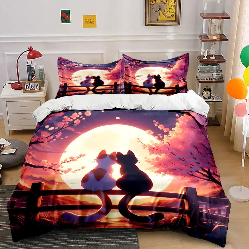 Set di biancheria da letto con stampa Cats Together Under Cherry Moon, morbido e confortevole, include 1 copripiumino e 2 federe.