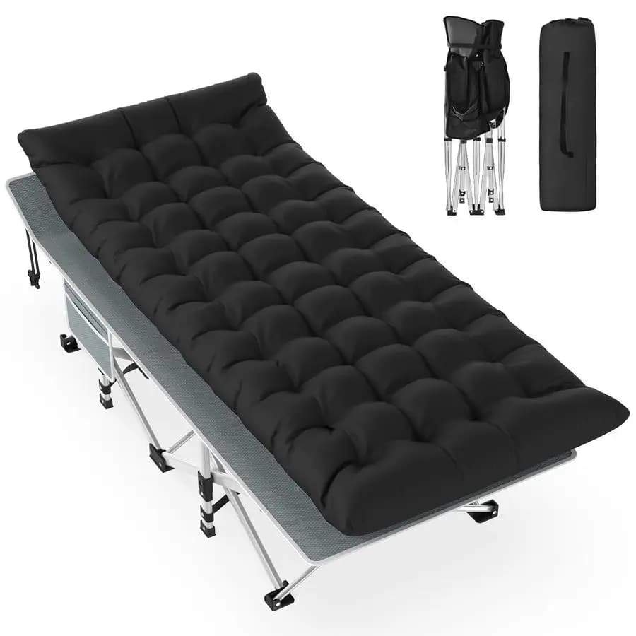 Black folding camping cot, adult cot with carrying bag, mattress, portable camping bed in Oxford 1200D fabric for Gu