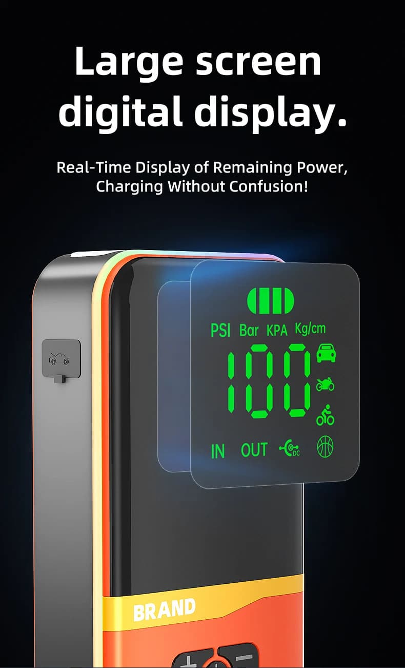 Strumento di Emergenza per Auto 4-in-1 Portatile: Avviatore d'Emergenza, Gonfiatore Pneumatici, Power Bank e Luce LED, Display con Ampio Schermo, Resistente alle Temperature Estreme