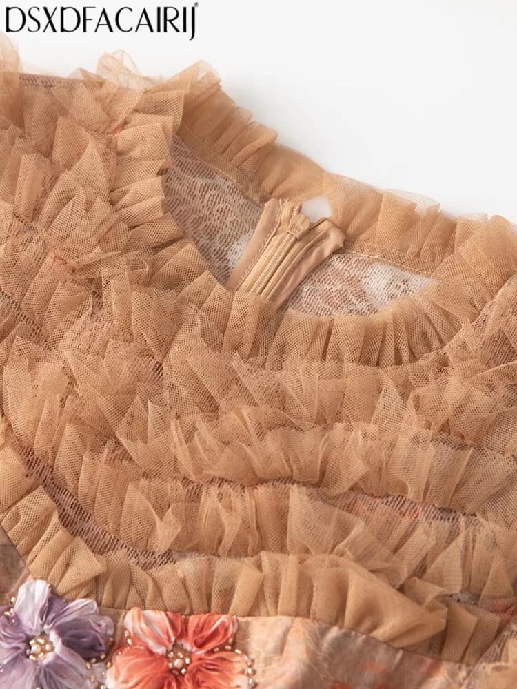 DSXDFACAIRIJ Abito lungo da donna vintage primaverile autunnale con scollo a O, maniche a lanterna, perline, bordo arricciato in rete a strati e ampia gonna a pendolo
