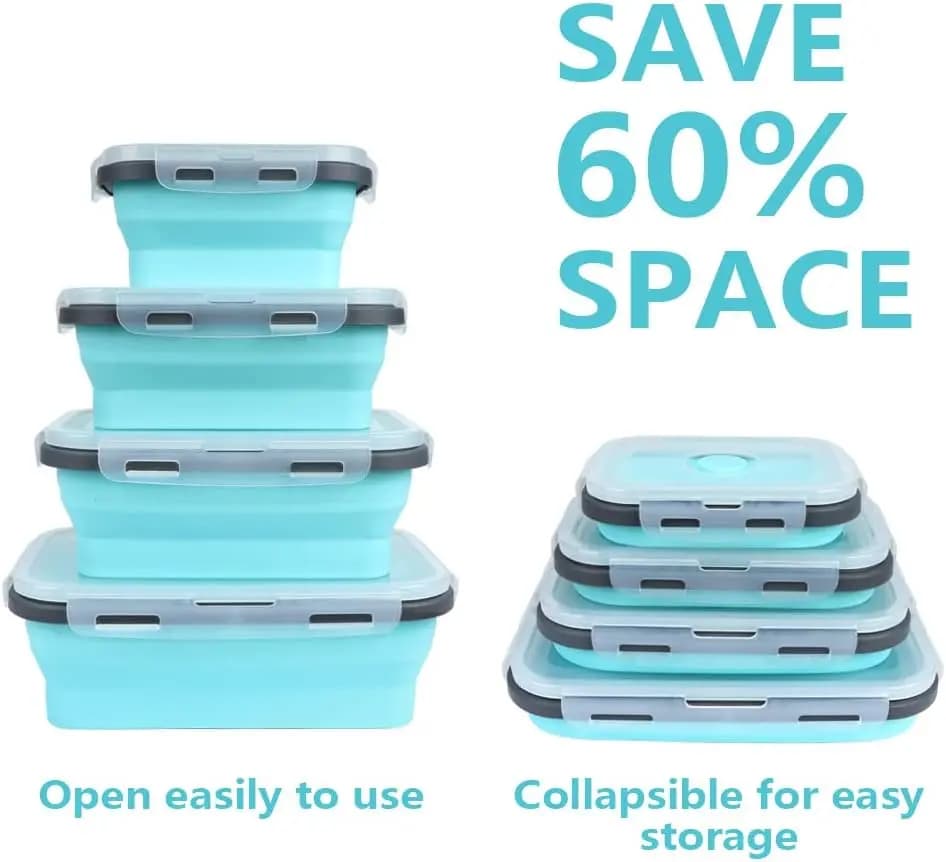 Contenitori pieghevoli per alimenti da 4 pezzi con coperchi e sfiato, set di contenitori pieghevoli per la preparazione dei pasti in silicone impilabili da cucina per