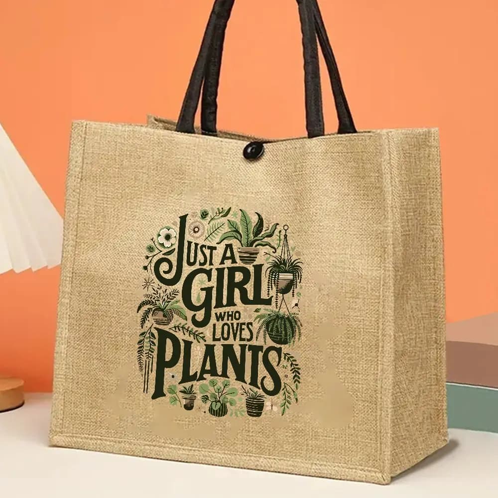 Jute Tote Bag for Plant Lovers Handbag with "Just a Girl Who Loves Plants" Print, Ideal for Outdoor Picnic, Party, Shopping