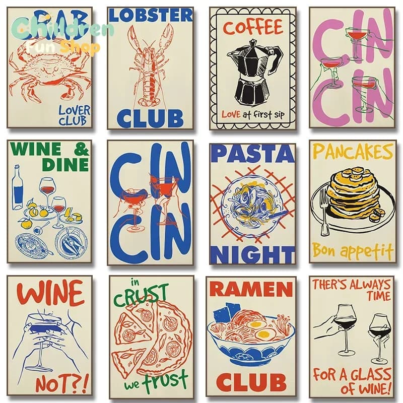 Trendy Coffee Cheers Print Retro Wine Pasta Night Food Print Diamond Painting Bar Club Wall Art Room Kitchen Home Deco,No Fram