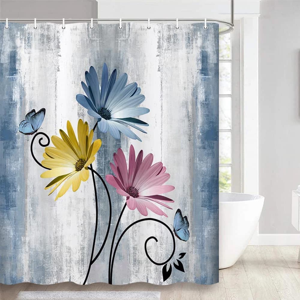 Green water shower curtain large floral daisy and butterfly turquoise bath curtain waterproof with hooks