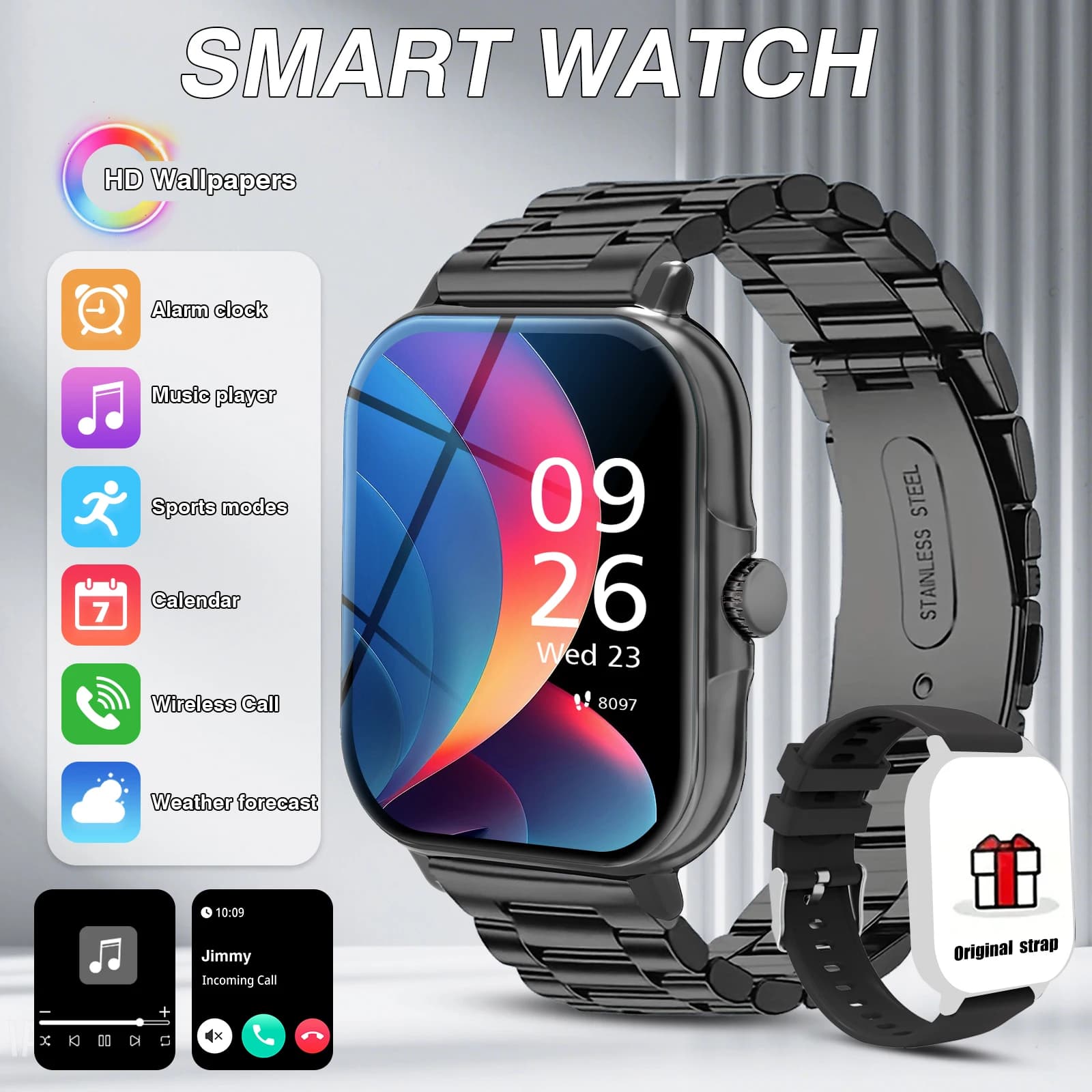 2025 smart watch with HD wallpapers and double straps (stainless steel+silicone), sports mode for music player with wireless calls