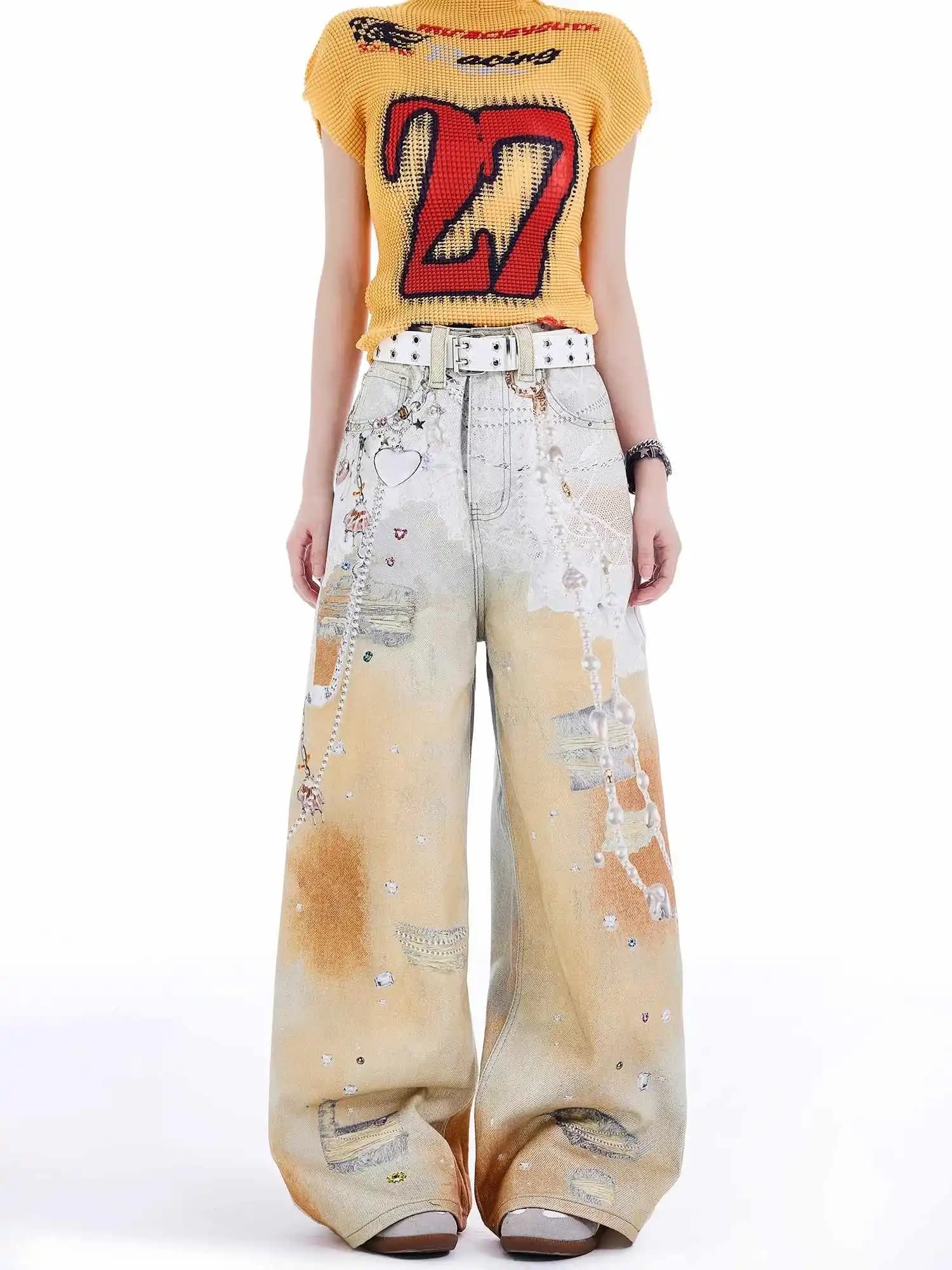 Jeans strappati Y2k larghi arancioni da donna Harajuku Pantaloni in denim con stampa graffiti vintage Pantaloni jeans stile giapponese anni 2000 Vestiti 2025