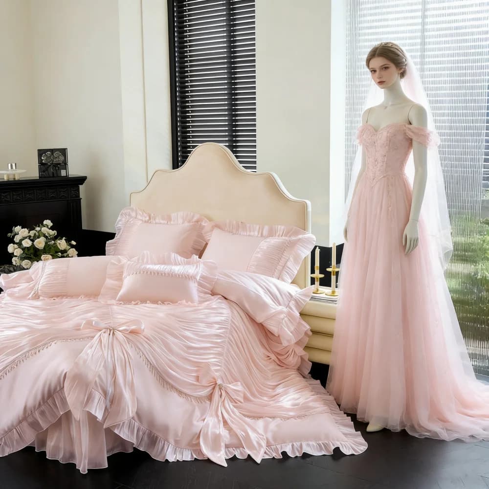 Set di Biancheria da Letto in Cotone Egiziano di Lusso, Stile Coreano con Pizzo, Copripiumino da Sposa, Copriletto, Federe, Tessili per la Casa