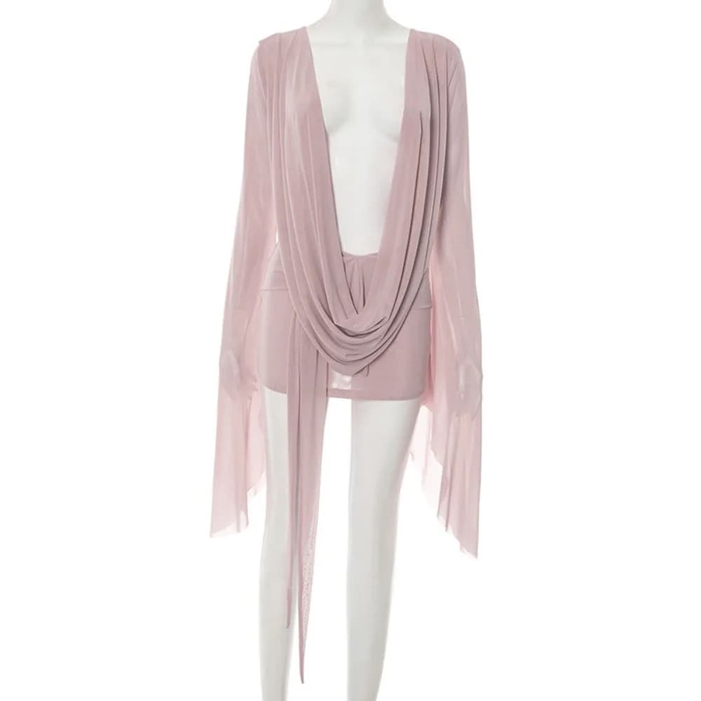 Elegante Abito in Rete Trasparente con Scollo a V, Maniche Lunghe, Arricciature, Orlo Irregolare, Copricostume da Spiaggia, Outfit per Vacanze