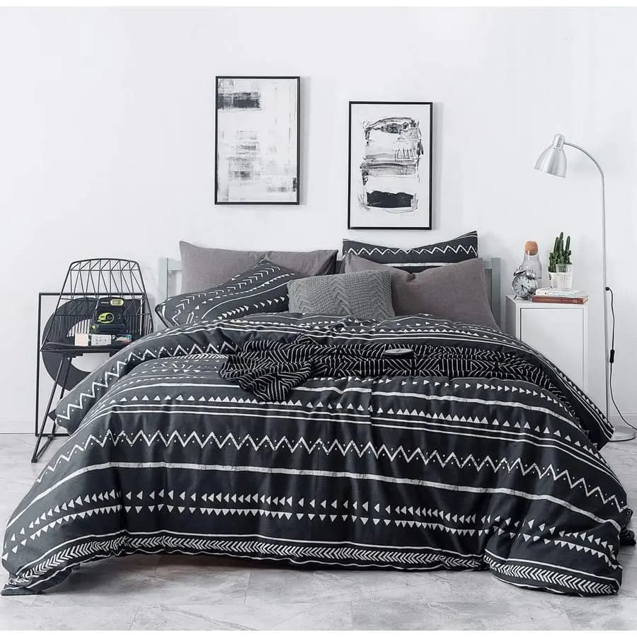 Copripiumino Nero Aztec Queen 100% Cotone Set 3 Pezzi 1 Copripiumino Geometrico Boho Bianco e Nero con Chiusura a Cerniera e Lacci 2 Federe V