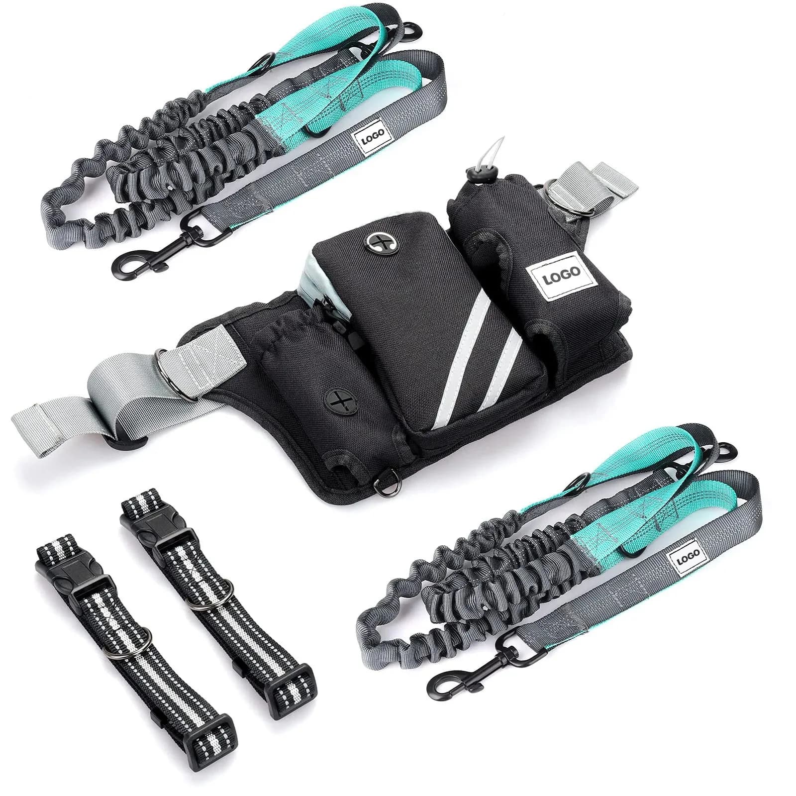 Hand-free retractable dog steering with adjustable waist belt for 2 dogs leash with reflective seams to run walking hiking