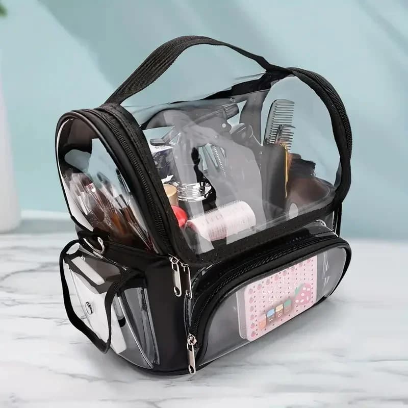 Bag for transparent waterproof cosmetics bag with adjustable strap and divider