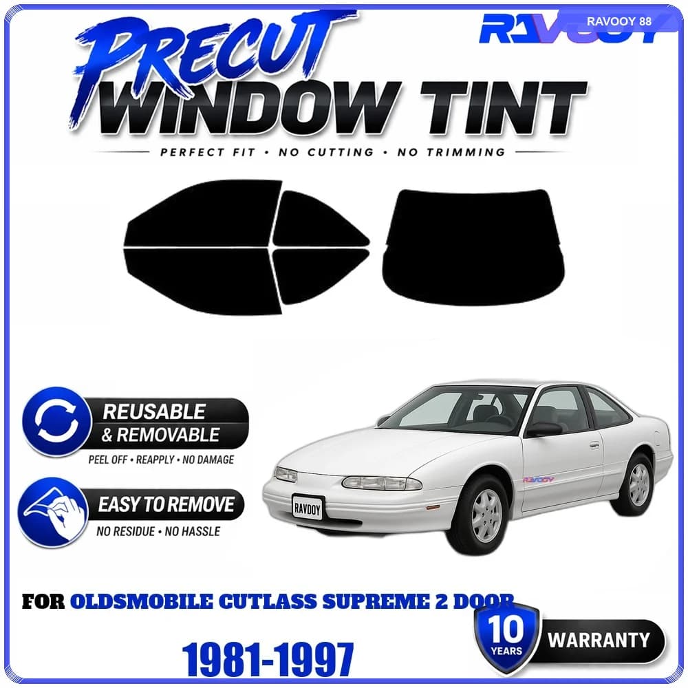Precut Window Tint, Reusable Removable EPU Film, Custom Fit for Oldsmobile Cutlass Supreme 2 Door 1981-1997, UV Heat Protection