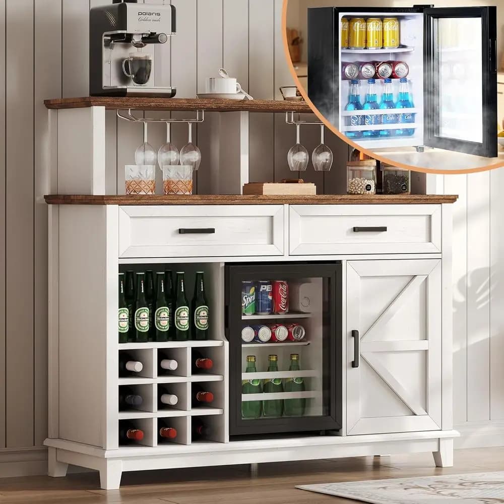 47 Coffee Bar Cabinet with 15 Fridge, Wine Rack, and Glass Holder, Storage Desk with Open Shelves for Dining and Living Rooms