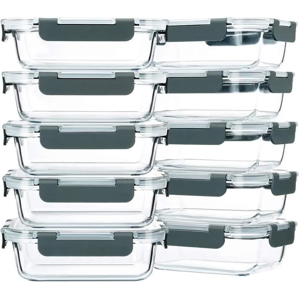 Set di 10 Contenitori in Vetro da 22 Oz con Coperchi, per Conservazione Alimenti, Lunch Box, Adatti per Microonde, Forno, Congelatore, Lavastoviglie