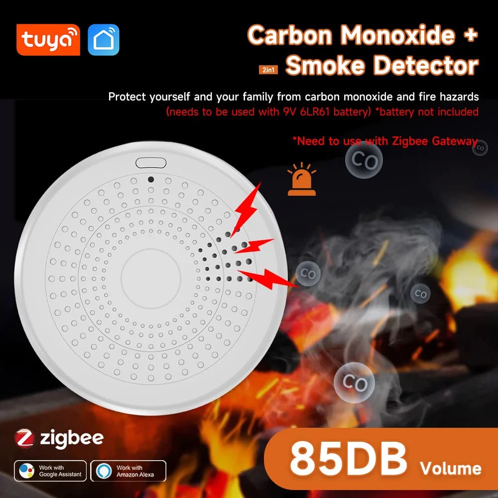 Tuya Smart Life Wireless 2-in-1 Smoke CO Alarm Fire Carbon Monoxide Detector with App Alert Home Security System