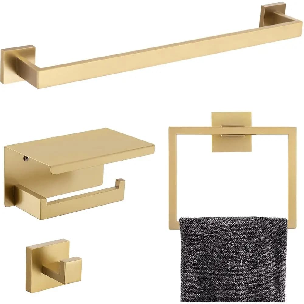 Set di Accessori per Bagno in Acciaio Inox 4 Pezzi, Finitura Oro Spazzolato, con Porta Asciugamani a Parete e Porta Carta Igienica
