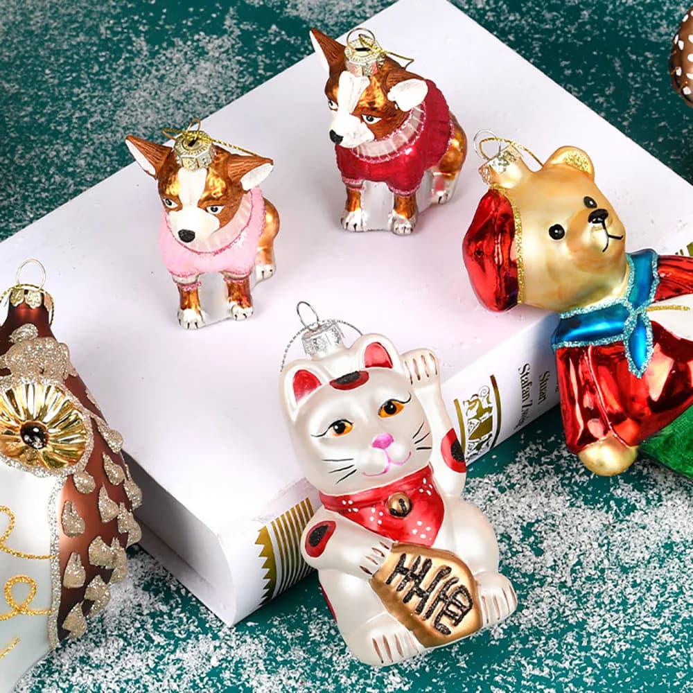 Christmas Decoration Kids Gifts Glass Painting Christmas Tree Cute Puppy Pendant Ornament Owl Swan Cat Little Bear Small Anima