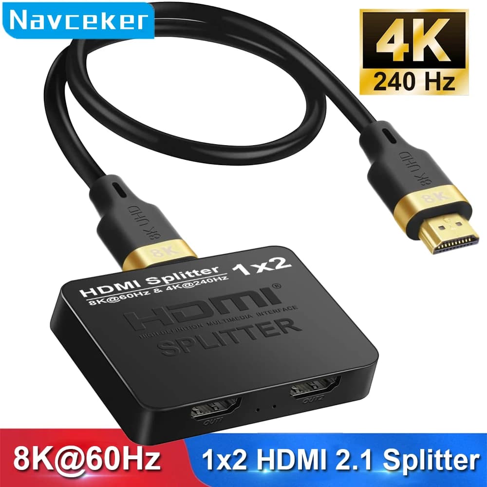 Navceker 1x2 4K 240Hz Splitter HDMI 8K 1 input 2 outputs HDMI 2.1 Box bypass distributor for two screens, PC, projector, laptop, PS5