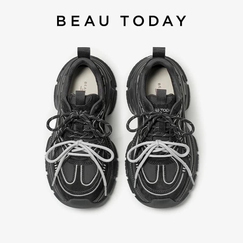 BBEAUTODAY Chunky Sneakers Women's Suede Leather Double Lace Color Mixed Sneakers Handmade Women's Shoes 29A60