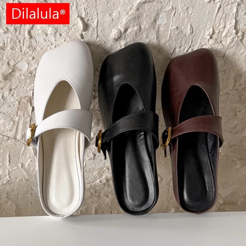 Dilalula 2026 Women's Mules in Vera Vacchetta Leather with Low Heel, Ciabatte Estive Casual, Stroller Mules with Buckle for the Comfort Daily of Young Woman