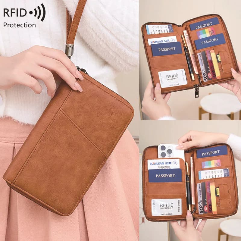 Custodia per passaporto da donna lunga con blocco RFID occidentale Portafoglio multifunzionale per biglietti d'aereo per uomo